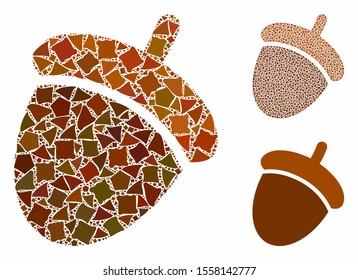 Acorn mosaic of raggy items in variable sizes and color tones, based on acorn icon. Vector ragged parts are combined into mosaic. Acorn icons collage with dotted pattern.