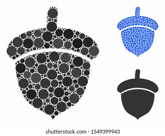 Acorn mosaic of small circles in different sizes and color hues, based on acorn icon. Vector filled circles are grouped into blue composition. Dotted acorn icon in usual and blue versions.