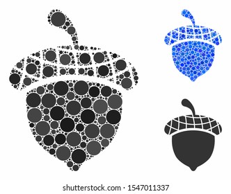 Acorn mosaic of small circles in various sizes and color tones, based on acorn icon. Vector random circles are combined into blue mosaic. Dotted acorn icon in usual and blue versions.