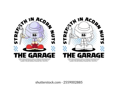 acorn nut of fastener equipment retro cartoon character mascot illustration with standing pose and holding wheel brace tool for garage, workshop, craftsman mascots and merchandise