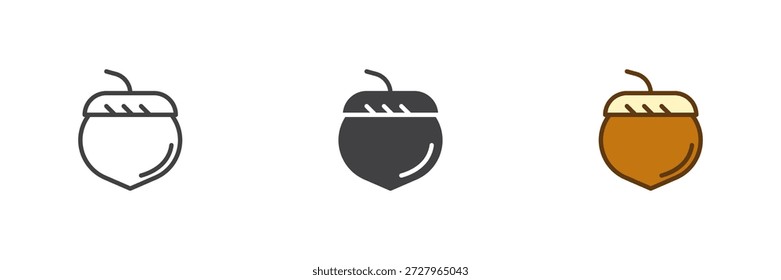 Eichelnuss-Symbol in Linie gesetzt, solide und gefüllte Umrisse bunten Stil. Eichel-Herbst-Symbol, Farbe, Vektorzeichen und Symbol. Natursymbolpaket.