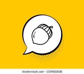 Acorn nut line icon. Comic speech bubble. Oaknut sign. Oak tree seed symbol. Yellow background with chat bubble. Acorn icon. Colorful banner. Vector