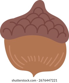 An acorn nut with a textured cap and smooth body in a cartoon style. The nut is depicted with bold lines and simple shapes. Cartoon vector illustration.