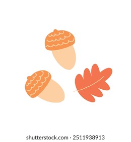Acorn and oak leaf in a cute hand drawn style. Vector illustration in flat style