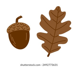 Acorn and oak leaf. Flat vector illustration isolated on white background