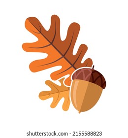 Acorn with oak leaves. Autumn season. Vector color illustration isolated on a white background for design and web.