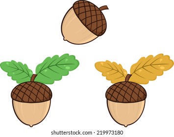 Acorn With Oak Leaves Cartoon Graphic Illustrations. Vector Collection Set