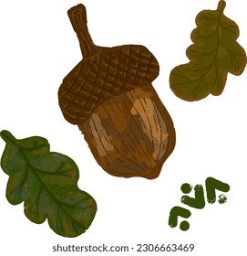 Acorn with oak leaves. Freehand drawing. Traced rough colored texture. Element for design