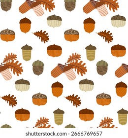 Acorn and oak leaves seamless pattern. Autumn hand drawn design with decorative acorns. For fabric, wrapping paper, and seasonal decoration.
