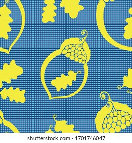 Las hojas de maíz y roble tienen un fondo vectorial sin fisuras. Elegante símbolo de la naturaleza amarillo azul fondo texturizado. Diseño botánico dibujado a mano. Todo impreso para embalaje, longevidad, concepto de resistencia