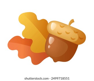 Acorn and oak leaves. Vector 3d clipart isolated on white background.