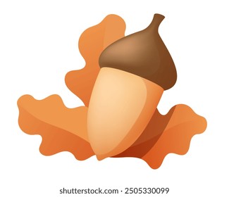 Acorn and oak leaves. Vector 3d clipart isolated on white background.