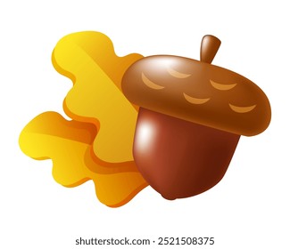 Acorn and oak leaves. Vector 3d clipart isolated on white background.