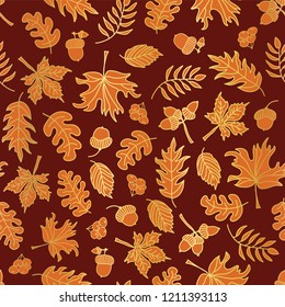 Acorn, oak, maple Gold foil autumn leaves seamless vector background. Golden and orange abstract fall leaf shapes on red background. Elegant pattern for Thanksgiving, digital papers, party, invitation