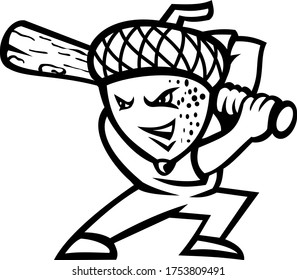 Acorn or Oak Nut Baseball Player Batting Mascot Black and White