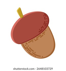Acorn. Oak tree fruit. Hand drawn trendy flat style isolated on white background. Vector illustration for banner, flyer, textile, print, surface, fabric design.