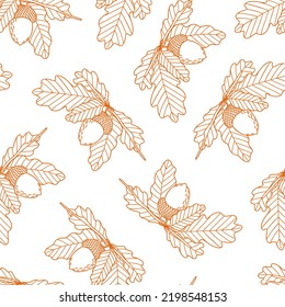 Acorn, Oak Tree Seed And Leaves Branch Seamless Pattern, Simple Hand Drawn Outline Vector Illustration, Autumn Fall Ornament, Thanksgiving Holiday Celebration, Harvest Time Concept, Gift Paper Design