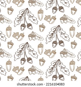 Acorn, oak tree seed and leaves branch seamless pattern, simple hand drawn outline vector illustration, autumn fall ornament, Thanksgiving holiday celebration, harvest time concept, gift paper design