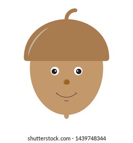 The acorn is on white background. The smiling good personage is in cartoon style.