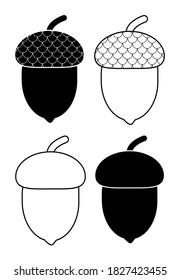 Acorn outlined and silhouetted autumnal design element set isolated on white. Illustration of oak tree fruits with caps.  Black and white oak acorns with shells clip art for autumn invitation.