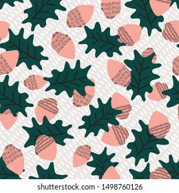 Acorn pattern background with oak leaves in a graphic colorful style. Vector illustration. Perfect for Thanksgiving projects, fabric, paper, packaging.