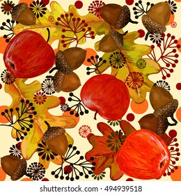 acorn. Pattern of leaves and acorns apples. Vector illustration. A beautiful illustration of a pattern of acorns. The exclusive design and decoration.
Hello, Autumn! greeting card. repeating pattern.