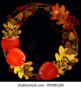 acorn. Pattern of leaves and acorns apples. Vector illustration. A beautiful illustration of a pattern of acorns. The exclusive design and decoration. Hello, Autumn! greeting card. 