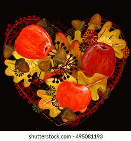 acorn. Pattern of leaves and acorns apples. Vector illustration. A beautiful illustration of a pattern of acorns. The exclusive design and decoration. Hello, Autumn! greeting card. 