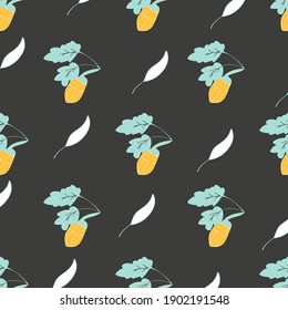 Acorn pattern with leaves on a black background