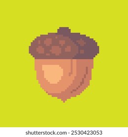 Acorn pixel art, vector illustration on isolated background.