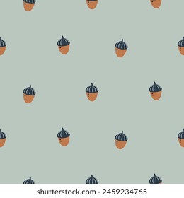 Acorn plant seamless pattern tile. Cartoon hand drawn fall design on sage green background. Flat vector print for textile, fabric, giftwrap, wallpapers.