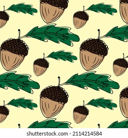 Acorn plant seamless vector pattern in brown and green color.