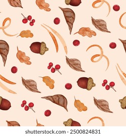 Acorn, Red berries and Colorful autumn leaves seamless pattern. Vectorized watercolor painting.