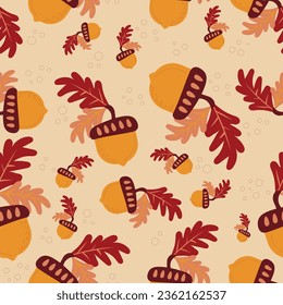 Acorn. Seamless pattern with acorns on a yellow background. Autumn design perfect for wallpaper, gift paper, autumn greeting cards, fabric, textile, web design. Hand-drawn. Flat design. Vector.
