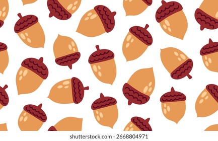 Nahtloses Muster aus Eichel. Herbst gemütliche Eiche Nuss, Samen Hintergrund. Handgezeichnete, flache Vektorgrafik