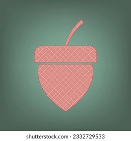 Acorn sign. Apricot Icon with Brick Red parquet floor graphic pattern on a Ebony background. Feldgrau. Green. Illustration.