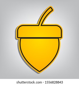 Acorn sign. Flat orange icon with overlapping linear black icon with gray shadow at whitish background. Illustration.