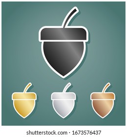 Acorn sign. Set of metallic Icons with gray, gold, silver and bronze gradient with white contour and shadow at viridan background. Illustration.