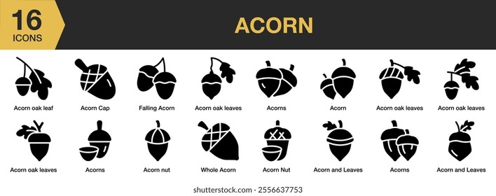 Acorn solid icon set. Includes oak leaves, nut, whole, and More. Solid icons vector collection.