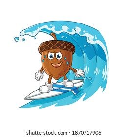 acorn surfing on the wave character. cartoon mascot vector