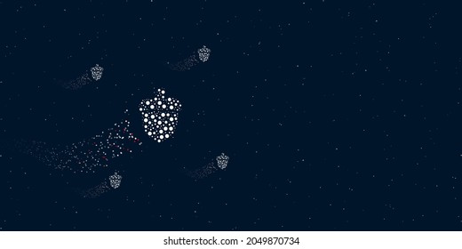 A acorn symbol filled with dots flies through the stars leaving a trail behind. Four small symbols around. Empty space for text on the right. Vector illustration on dark blue background with stars