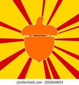 Acorn symbol on a background of red flash explosion radial lines. The large orange symbol is located in the center of the sun, symbolizing the sunrise. Vector illustration on yellow background