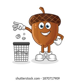 acorn Throw garbage in trash can mascot. cartoon vector