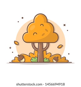 Acorn Tree with Fall Acorns Autumn Season Vector Illustration. Happy Autumn. Autumn Vector Illustration. Flat Cartoon Style Suitable for Web Landing Page,  Banner, Flyer, Sticker, Card, Background