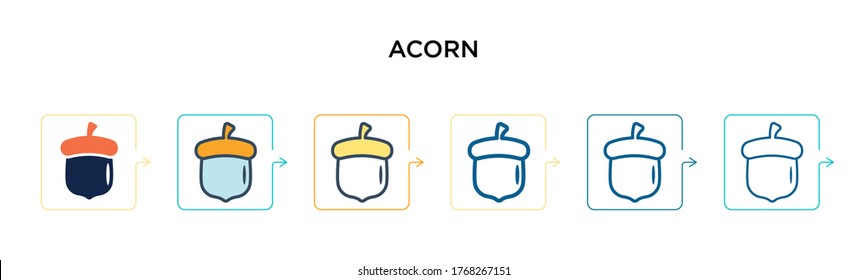 Acorn Vektorsymbol in 6 verschiedenen modernen Stilen. Schwarze, zweifarbige Ahornsymbole, die im vollen, Umriss-, Linien- und Strichstil entworfen wurden. Vektorgrafik kann für Web, Mobile, i
