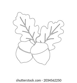 Acorn. Vector illustration of acorns with oak leaves. Continuous one line drawing.  Line Art. Minimalist. 