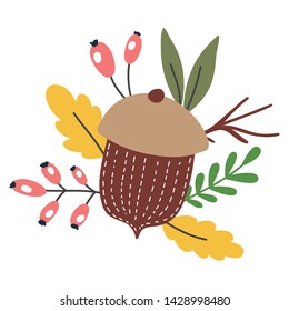 Acorn  vector print with leaves. Concept of harvest, autumn time. Hand drawn vector illustration.
