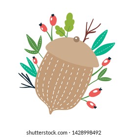 Acorn  vector print with leaves. Concept of harvest, autumn time. Hand drawn vector illustration.