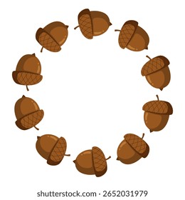 Acorn Wreath in Flat Style. Autumn Oak Nut Circle Frame for Fall Design