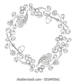 Acorns. Berries. Flowers. Leaves. Frame - wreath. Autumn pattern.